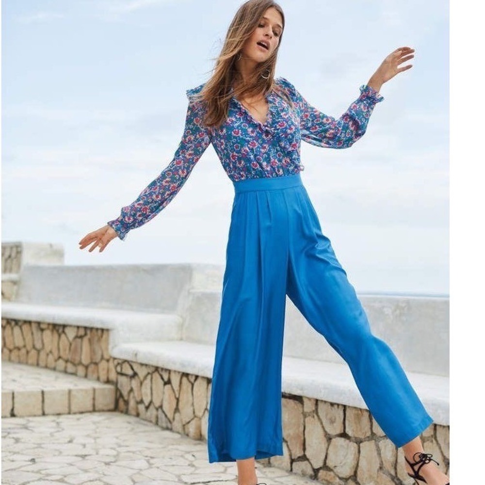 Boden Floral Ruffle Chiffon Silk Blend Wide Leg Culotte Jumpsuit Blue US 6 NEW